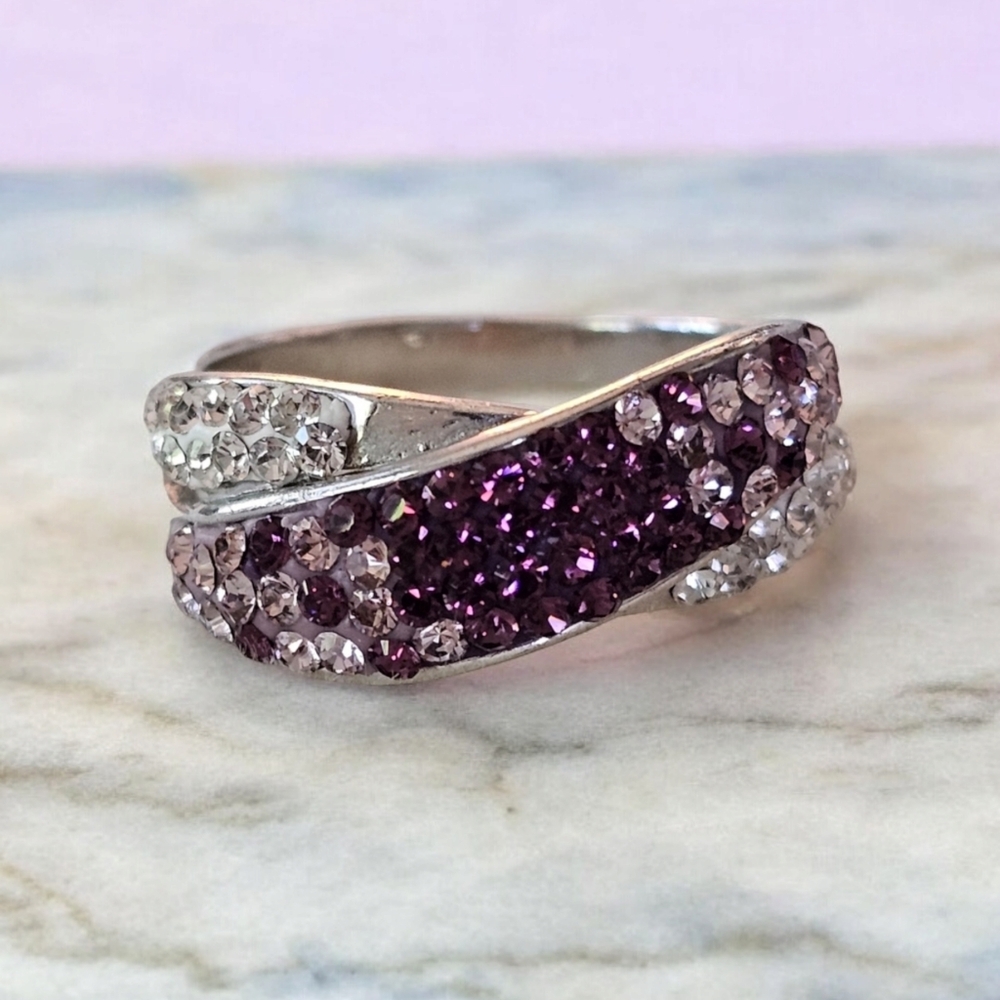 Ring Midas silver 925 purple, pink & white crystal size 6.5 beautiful LOT 799